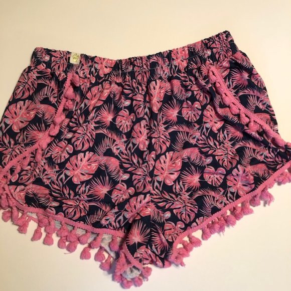 Sz M Simply Southern Turtle PomPom Tassels Lined Navy Blue & Pink Palms Shorts - Picture 7 of 11